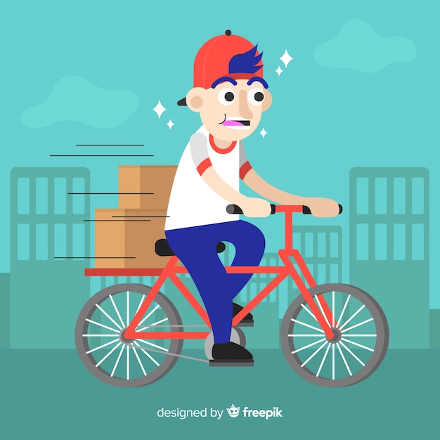 Gratis vector platte bezorger op fiets achtergrond