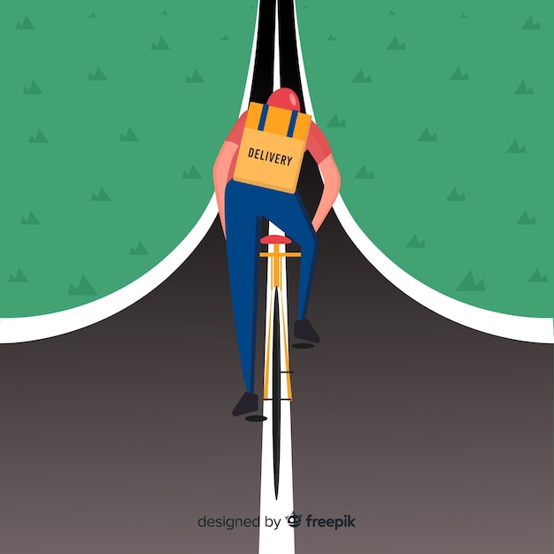 Gratis vector platte bezorger op fiets achtergrond