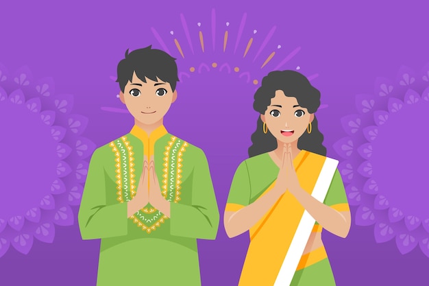 Gratis vector platte bhai dooj achtergrond met broer en zus bidden