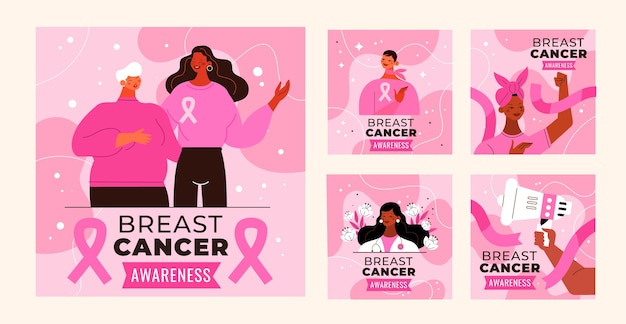 Gratis vector platte borstkanker bewustzijn maand instagram posts collectie