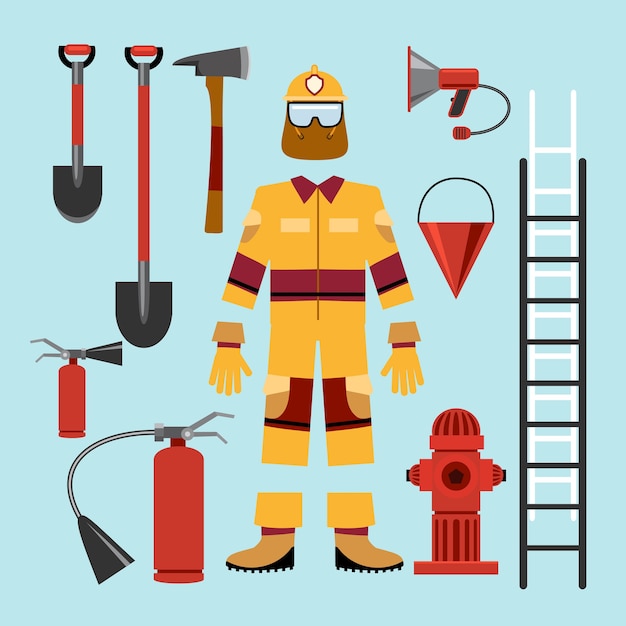 Gratis vector platte brandweerman uniform en gereedschapsuitrusting. brandblusser en hazmat en handschoenen, brandvertragend en luidspreker.