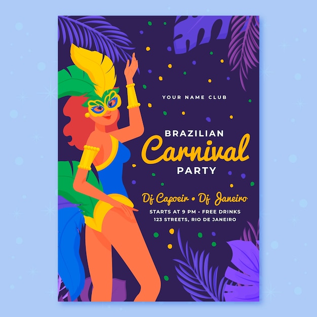 Platte braziliaanse carnaval verticale flyer-sjabloon