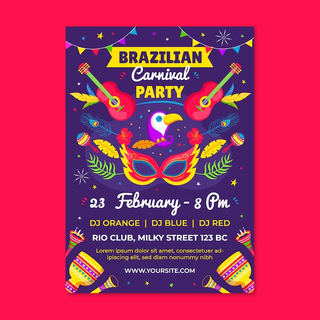 Platte braziliaanse carnaval verticale flyer-sjabloon