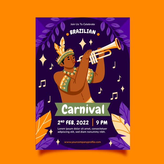 Platte braziliaanse carnaval verticale flyer-sjabloon