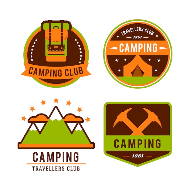 Platte camping-set met wandeluitrusting en buiten koken pictogrammen