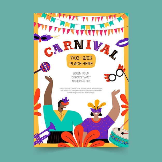 Platte carnavalsfeest verticale postersjabloon