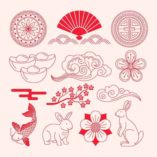 Gratis vector platte chinees nieuwjaar festival viering ornamenten collectie