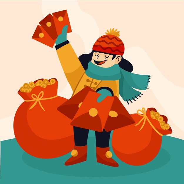 Gratis vector platte chinees nieuwjaar gelukkig geld illustratie