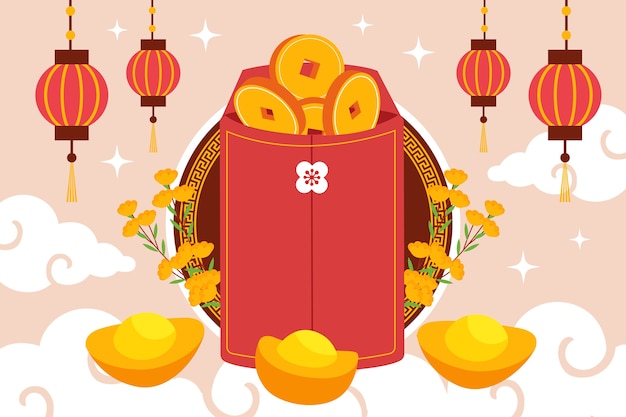 Gratis vector platte chinees nieuwjaar gelukkig geld illustratie