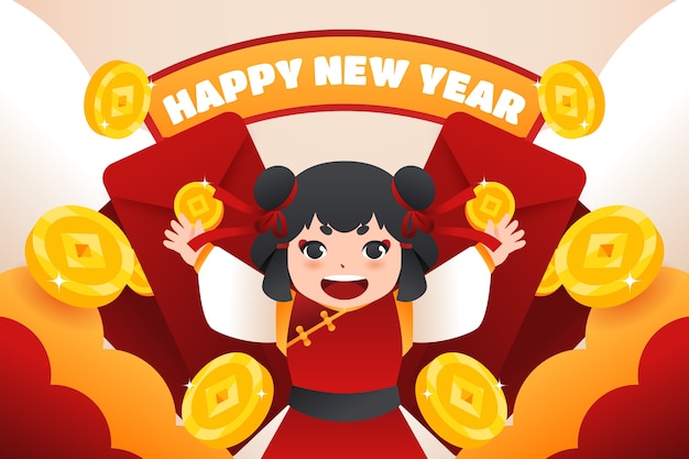 Platte chinees nieuwjaar gelukkig geld illustratie
