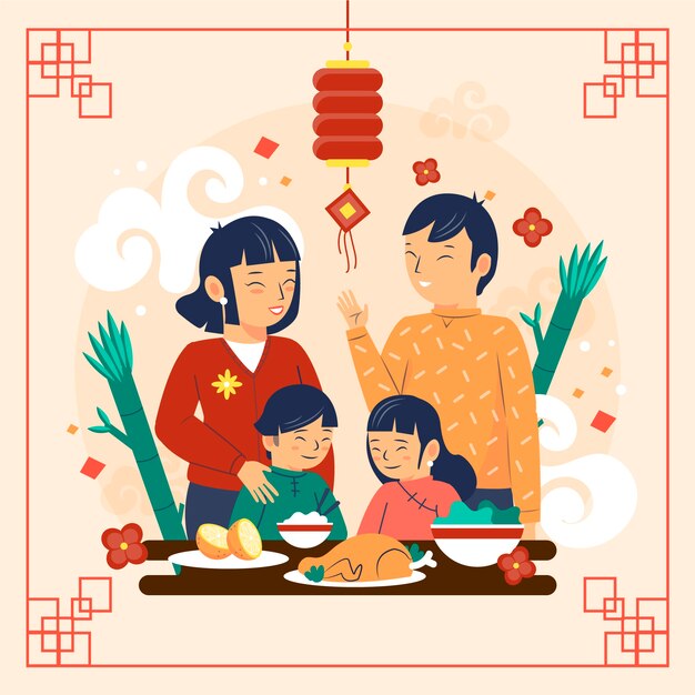 Gratis vector platte chinees nieuwjaar reünie diner illustratie