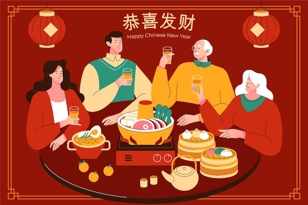 Platte chinees nieuwjaar reünie diner illustratie