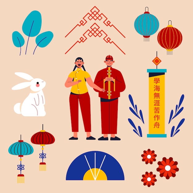 Gratis vector platte chinees nieuwjaar viering elementen collectie