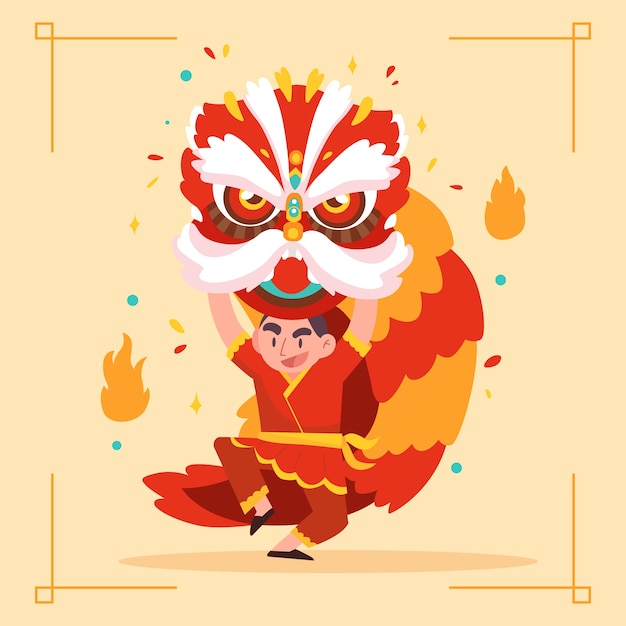 Gratis vector platte chinese nieuwe jaar leeuwendans illustratie