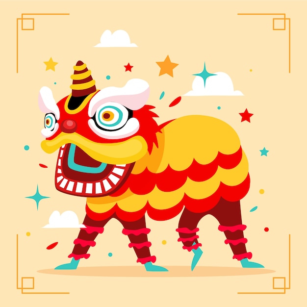 Gratis vector platte chinese nieuwe jaar leeuwendans illustratie