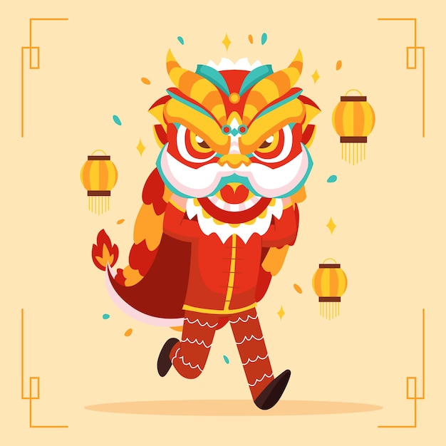 Gratis vector platte chinese nieuwe jaar leeuwendans illustratie