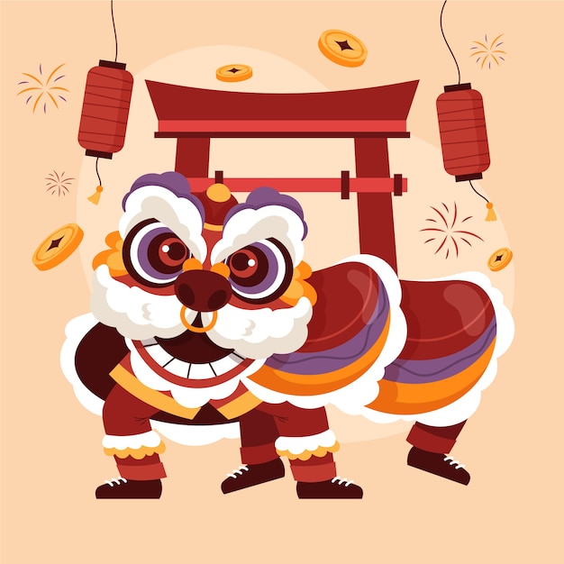 Gratis vector platte chinese nieuwe jaar leeuwendans illustratie