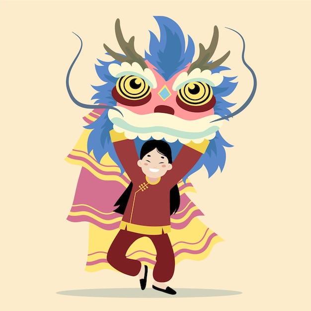 Gratis vector platte chinese nieuwe jaar leeuwendans illustratie