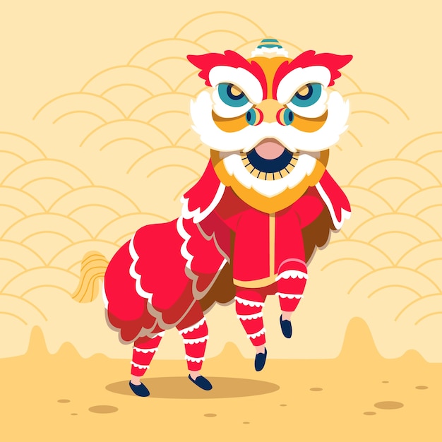 Gratis vector platte chinese nieuwe jaar leeuwendans illustratie