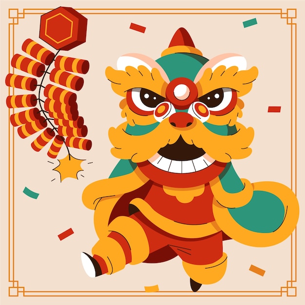 Gratis vector platte chinese nieuwe jaar leeuwendans illustratie