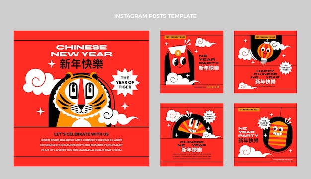 Gratis vector platte chinese nieuwjaar instagram posts collectie