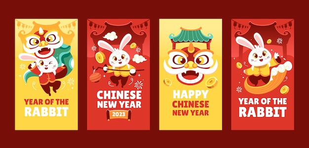 Gratis vector platte chinese nieuwjaar instagram verhalencollectie
