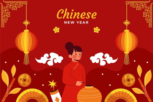 Gratis vector platte chinese nieuwjaarsachtergrond