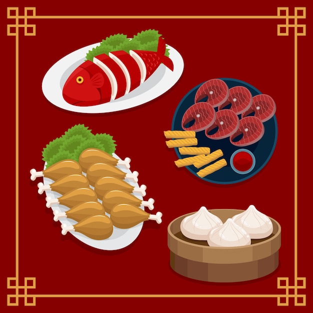 Gratis vector platte chinese nieuwjaarsreünie diner eten collectie