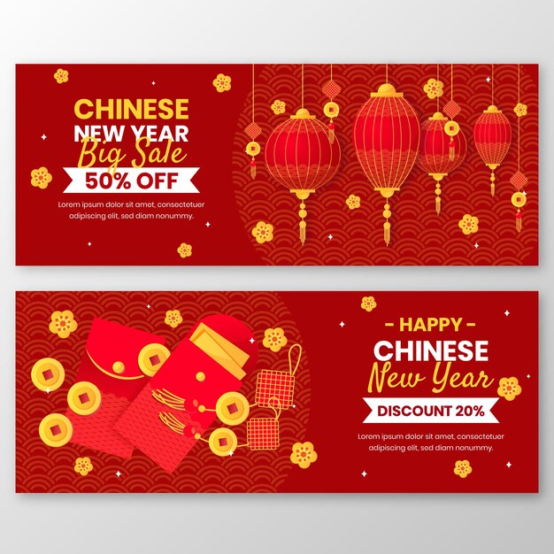 Platte chinese nieuwjaarsverkoop horizontale banners set