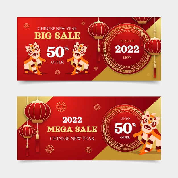 Gratis vector platte chinese nieuwjaarsverkoop horizontale banners set