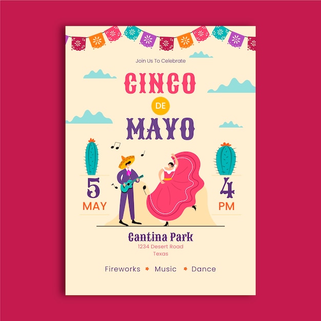 Gratis vector platte cinco de mayo verticale postersjabloon