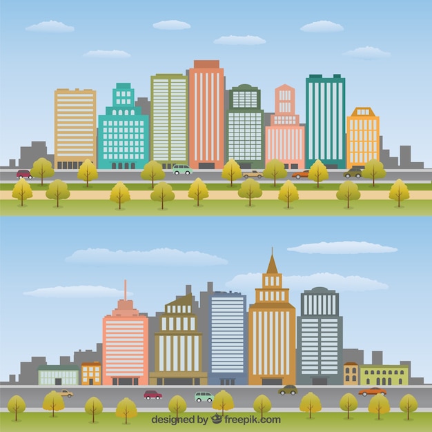 Gratis vector platte cityscape pack