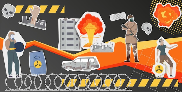 Platte collage met apocalyps en atoomoorlogscènes in stickers vectorillustratie