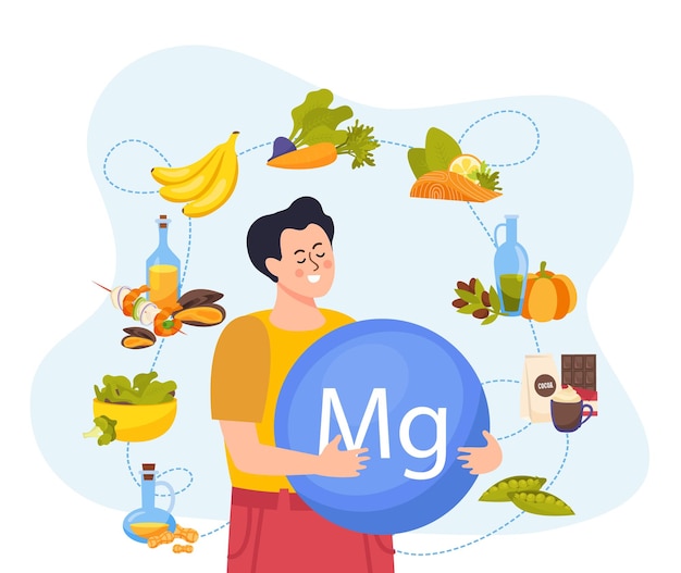 Platte compositie met gelukkige man omringd door gezonde magnesiumrijke voedingsmiddelen vectorillustratie