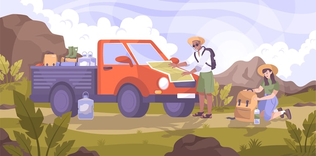 Platte compositie van autoreizen met kleine vrachtwagen en groep reizigerskarakters in illustratie van de berglandschapsomgeving