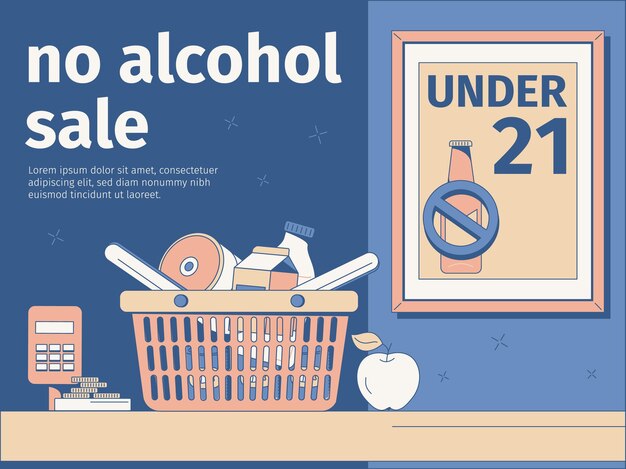 Platte compositie zonder alcoholverkoop onder de 21 jaar poster en mand met producten aan de kassa