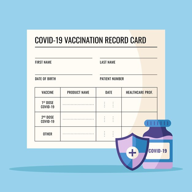 Gratis vector platte coronavirus vaccinatie record kaartsjabloon