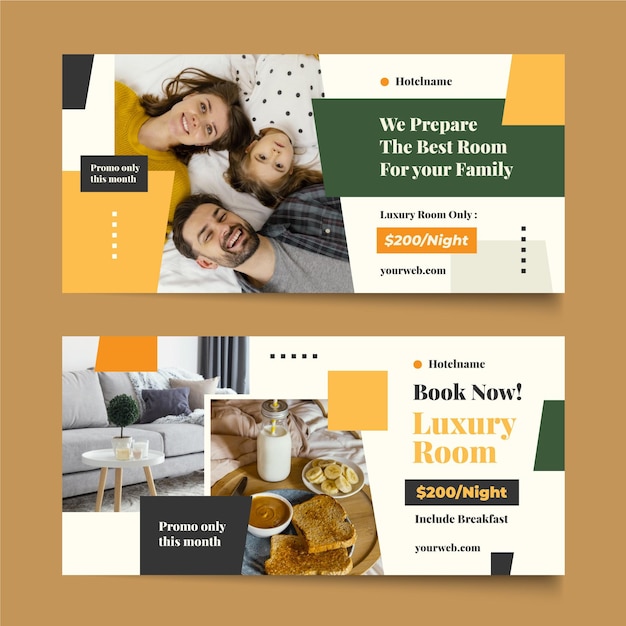 Gratis vector platte design hotel banner met foto