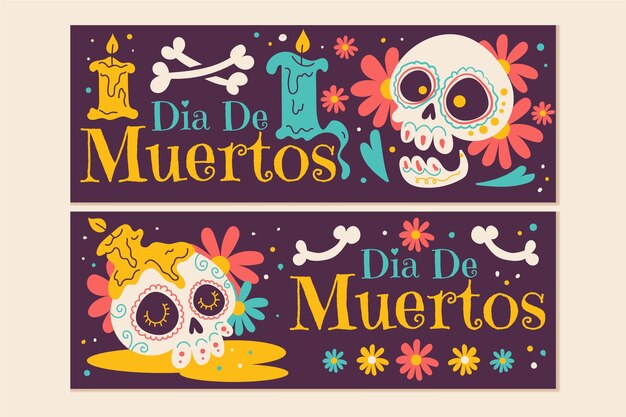 Gratis vector platte dia de muertos horizontale banners set