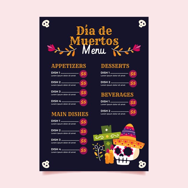 Gratis vector platte dia de muertos menusjabloon