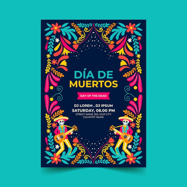 Gratis vector platte dia de muertos verticale postersjabloon