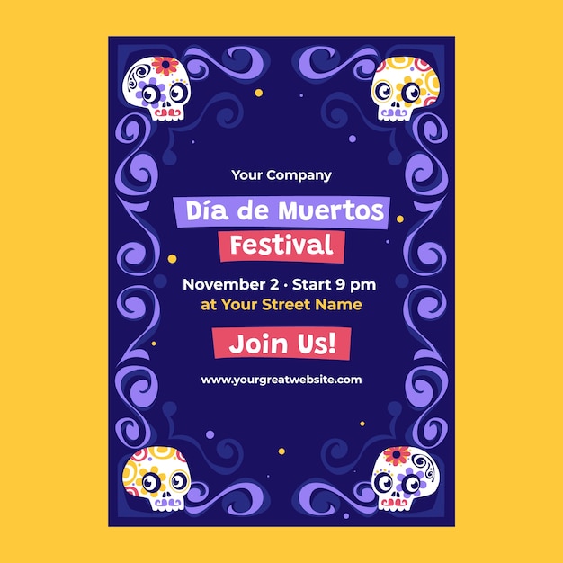 Platte dia de muertos verticale postersjabloon