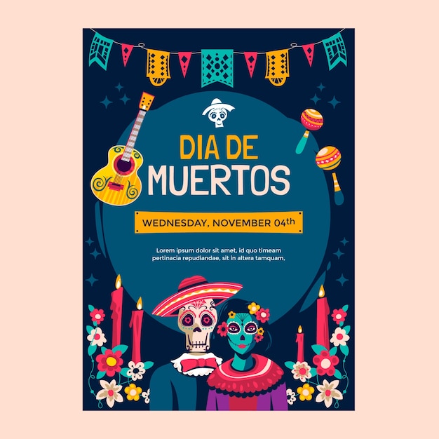 Gratis vector platte dia de muertos verticale postersjabloon