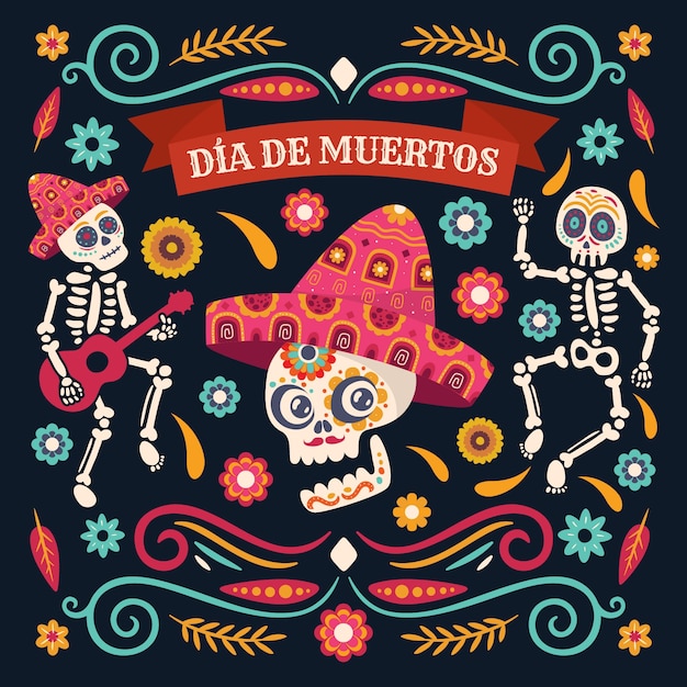 Platte dia de muertos viering illustratie