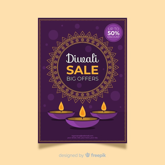 Platte diwali verkoop flyer met kaarsen