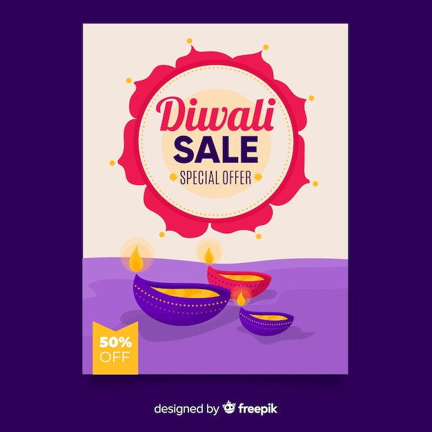 Gratis vector platte diwali verkoop flyer ontwerpsjabloon