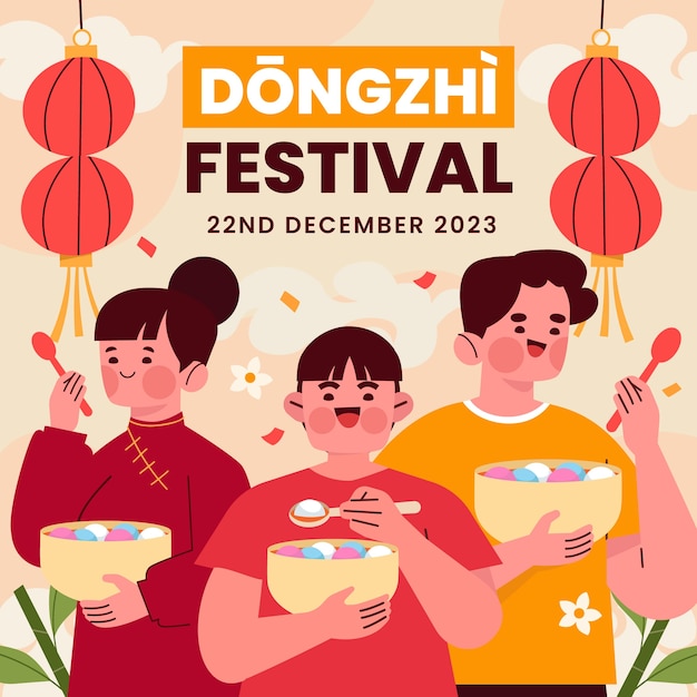 Gratis vector platte dongzhi festival illustratie met mensen die eten en lantaarns