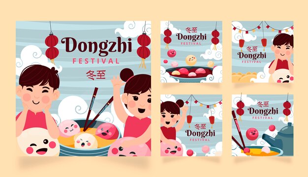 Gratis vector platte dongzhi festival instagram posts collectie