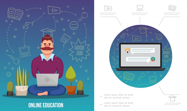 Platte e-learning infographic sjabloon met man aan het werk laptop laptop notebook en verschillende online onderwijs pictogrammen