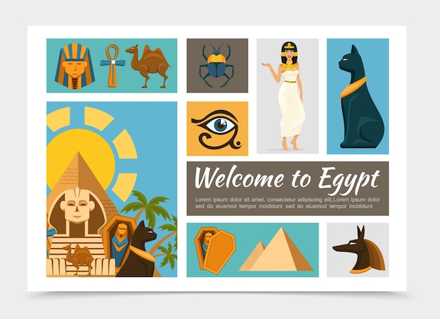 Gratis vector platte egypte elementen instellen met farao en anubis god maskers kameel ankh cross scarab beetle egyptische kat prinses piramides sfinx horus oog illustratie,